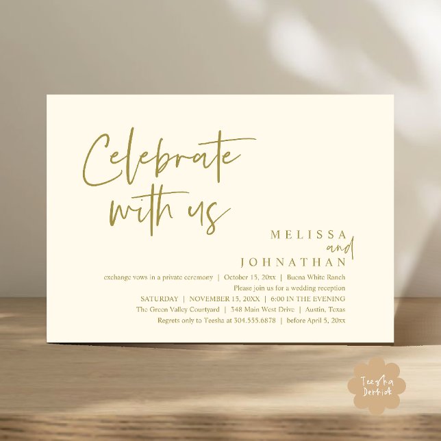 Convite Celebrar conosco Recepção de casamento moderna (Celebrate with us Modern Casual Wedding Reception Dinner Lunch Brunch Invites Card PDF Yellow Gold)