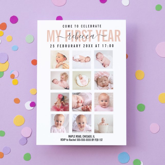 Convite Celebrar Garota Bebê Primeiro Ano 12 Colagem de Fo (Criador carregado)