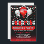 Convite Celebrar o aniversário de 40 anos do Balões Confet<br><div class="desc">Convites de aniversário "Celebrar" com tons vermelhos e prateados com luzes de diamante brilhantes, balões e confetti. Tudo que é necessário são seus detalhes para fazer um convite memorável para comemoração. Ilustração original e design por Designs Holiday Hearts (todos os direitos reservados). Se você precisar de assistência para personalizar a...</div>