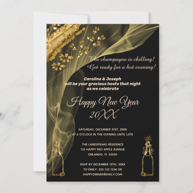 Convite Celebrar o Ano Novo Champanhe Preto e Dourado (Frente)