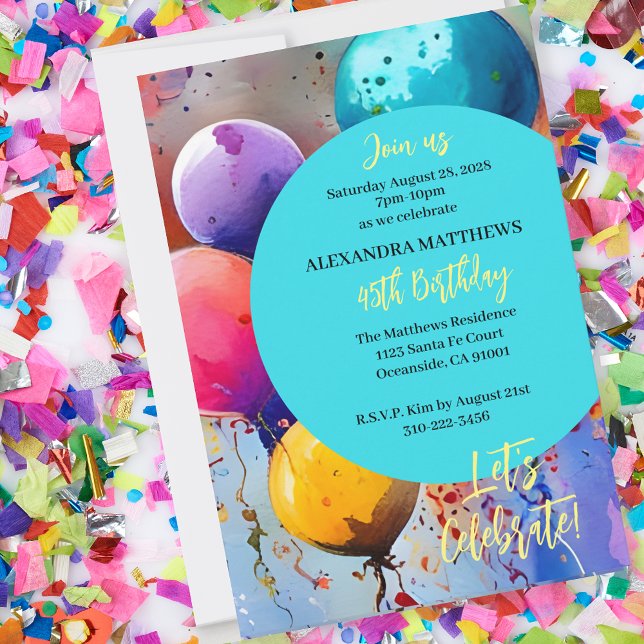 Convite Celebrar! Texto personalizado em qualquer ocasião (This colorful balloon and confetti invitation is perfect for any occasion with your custom text.)