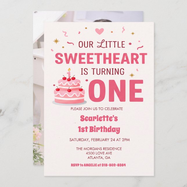 Convite Celebrate Little Sweetheart Turning one Photo Cake (Frente/Verso)