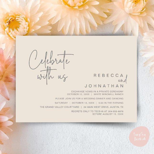 Convite Celebrate with us, Modern Boho Wedding Reception  (Celebrate with us, Modern Boho Wedding Reception Invitation Card PDF Cream Grey)