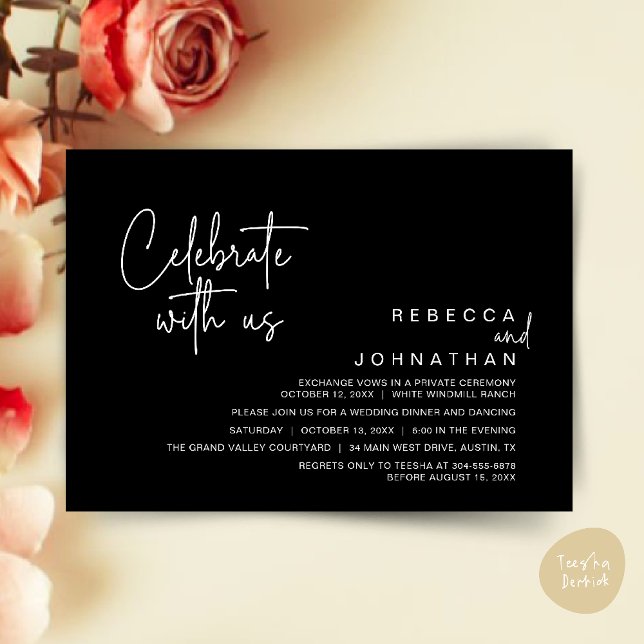 Convite Celebrate with us, Modern Boho Wedding Reception  (Celebrate with us, Modern Boho Wedding Reception Invitation Card PDF Black White)