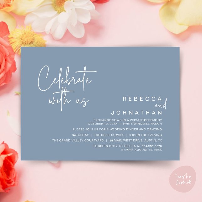 Convite Celebrate with us, Modern Boho Wedding Reception  (Celebrate with us, Modern Boho Wedding Reception Invitation Card PDF Dusty Blue)