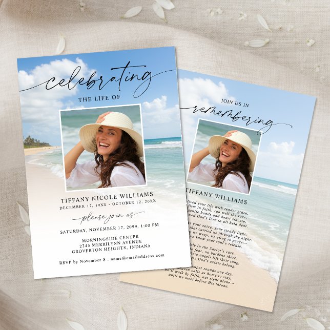 Convite Celebration of Life Beach Photo Funeral (Criador carregado)