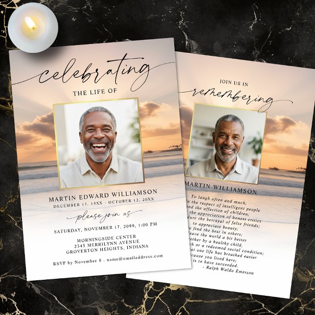 Convite Celebration of Life Beach Sunset Photo Invitation (Criador carregado)