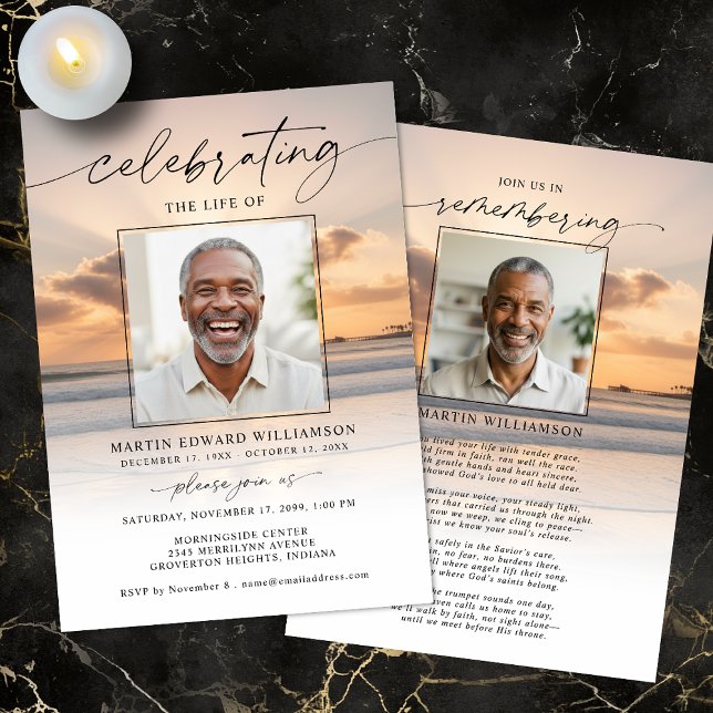 Convite Celebration of Life Beach Sunset Photo Invitation (Criador carregado)