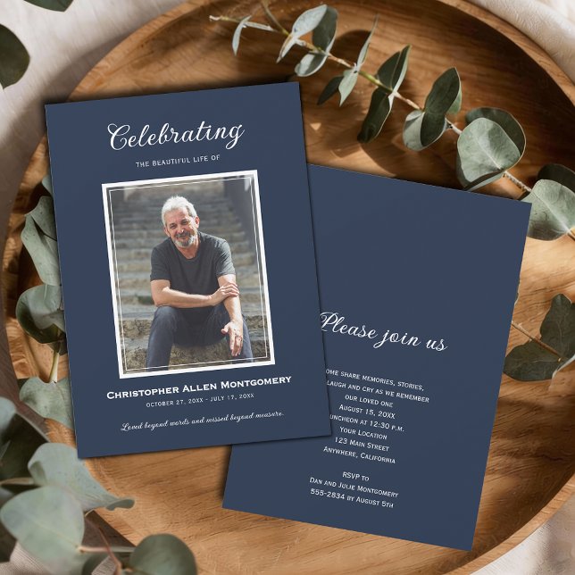 Convite Celebration of Life Funeral Memorial (Celebration of Life photo funeral memorial navy blue invitations, PRINTED and/or INSTANT DOWNLOAD)