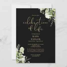 Convite Celebration of Life Greenery Floral Black And Gold