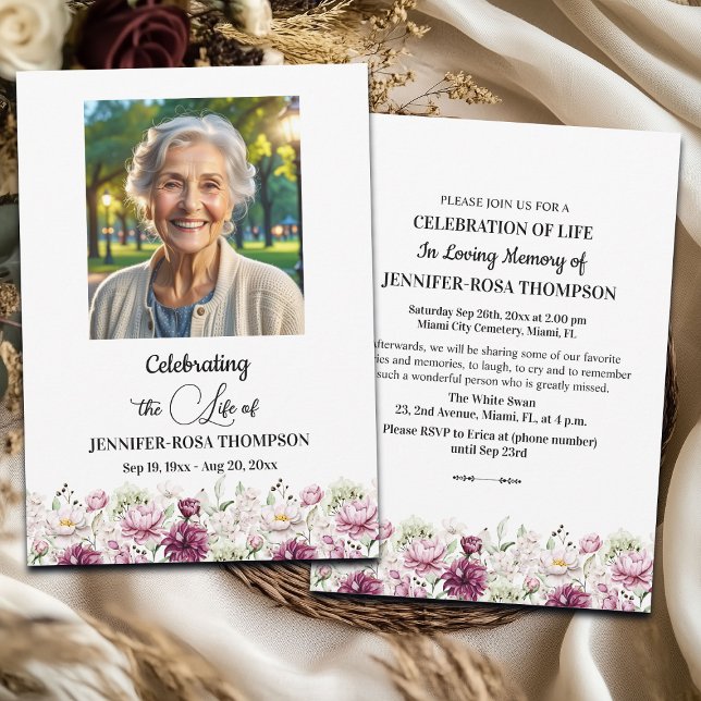 Convite Celebration Of Life Peonies Photo Funeral  (Criador carregado)