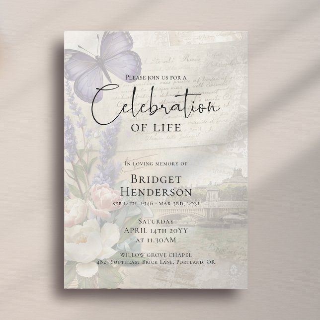Convite Celebration of Life Purple Butterfly Peony Funeral (Criador carregado)