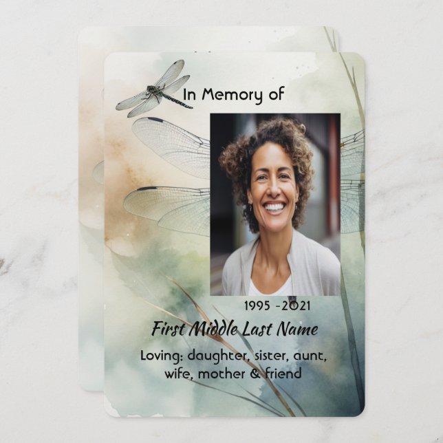 Convite Celebration of Life Service Custom Dragonfly (Frente/Verso)