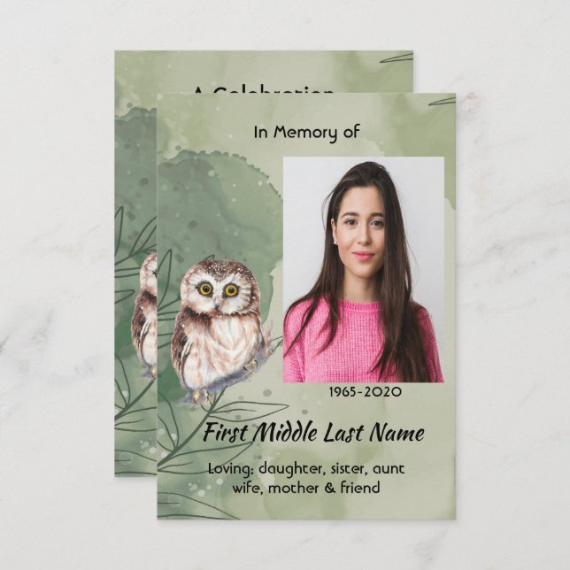 Convite Celebration of Life Service  Cute Owl Bird (Frente/Verso)