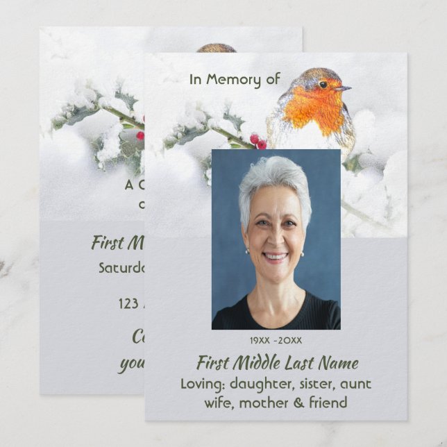 Convite Celebration of Life Service  English Robin Bird (Frente/Verso)