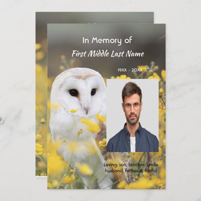 Convite Celebration of Life Service Photo Barn Owl Bird  (Frente/Verso)