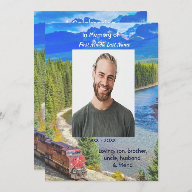 Convite Celebration of Life Service Train Rail Railway (Frente/Verso)