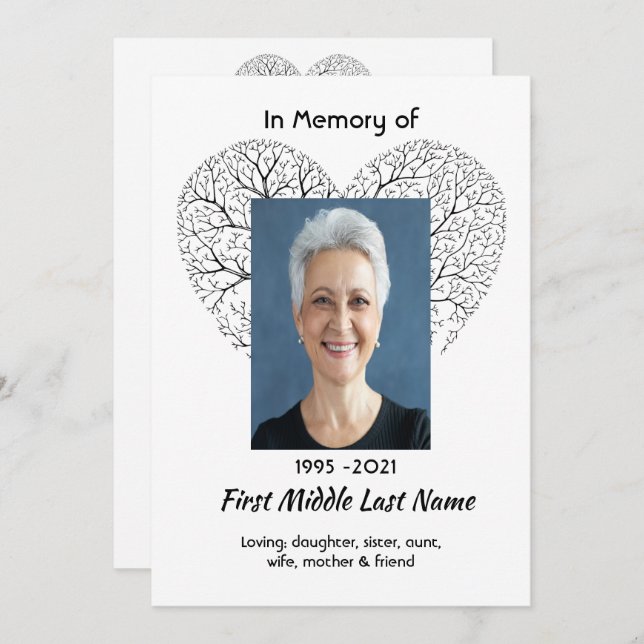 Convite Celebration of Life Service Tree Life Heart Love (Frente/Verso)