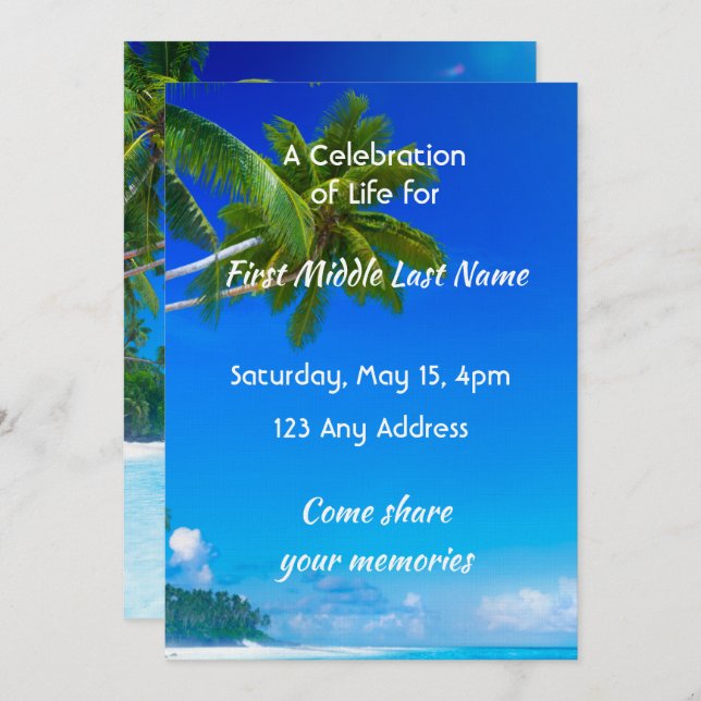 Convite Celebration of Life Service Tropical Beach Exotic (Frente/Verso)