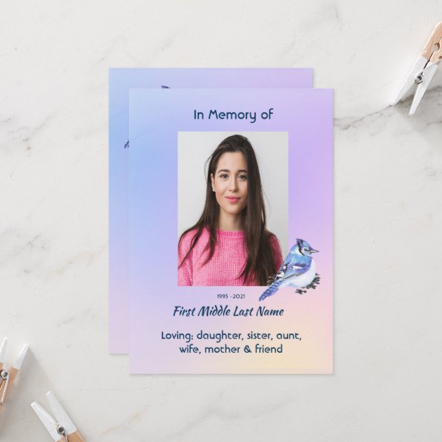 Convite Celebration of Life Service Watercolor Bluejay (Frente/Verso In Situ)