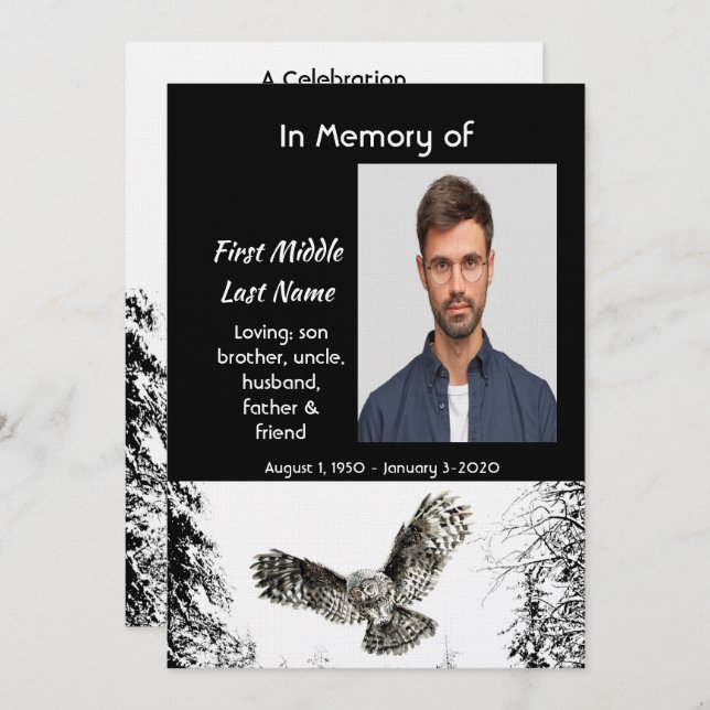 Convite Celebration of Life Service  Watercolor Owl Bird (Frente/Verso)