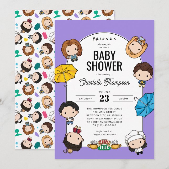 Convite Celebre com AMIGOS! Chibi Art Baby Shower (Frente/Verso)