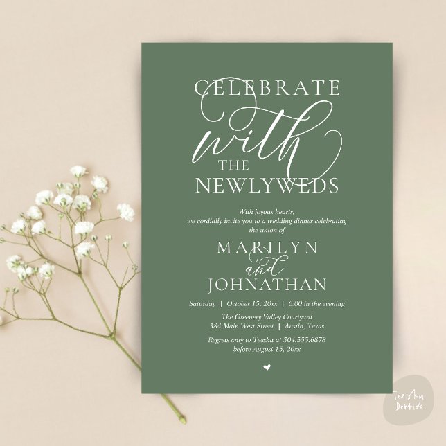 Convite Celebre com os noivos, Melhor Jantar de Casamento (Celebrate with the newlyweds, Best Wedding Elopement Dinner Party Invitation Card in sage green)