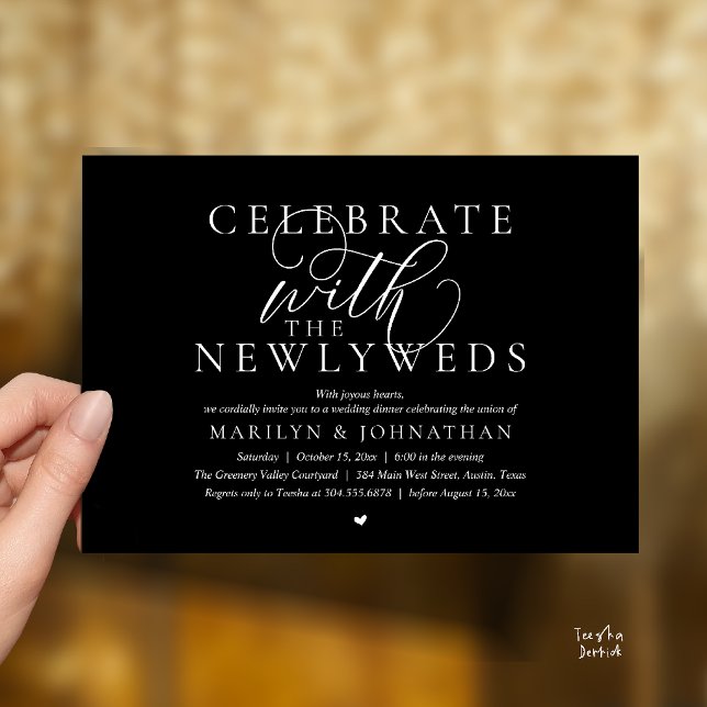 Convite Celebre com os noivos, Melhor Jantar de Casamento (Celebrate with the newlyweds, Best Modern Wedding Dinner Party Invitation Card in Classy Black)