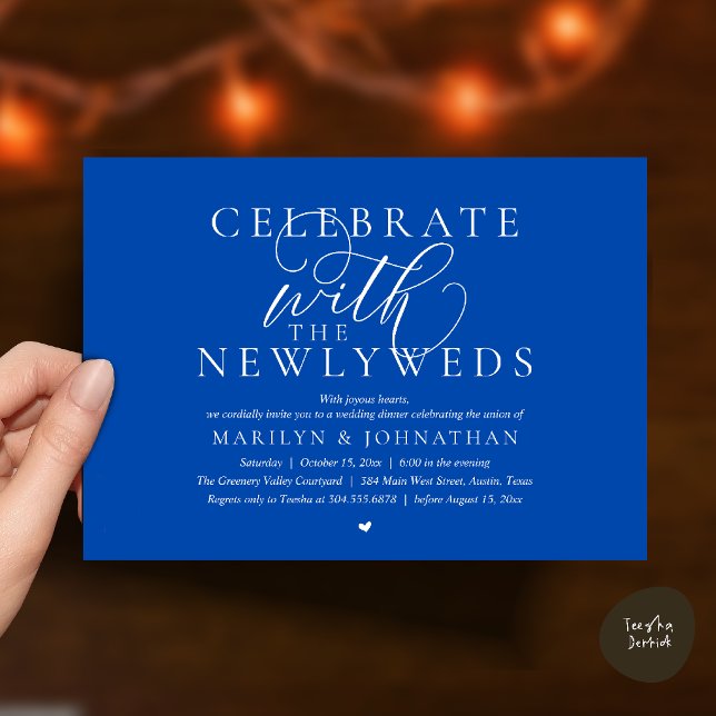 Convite Celebre com os noivos, Melhor Jantar de Casamento (Celebrate with the newlyweds, Best Modern Wedding Dinner Party Invitation Card in Cobalt Blue)