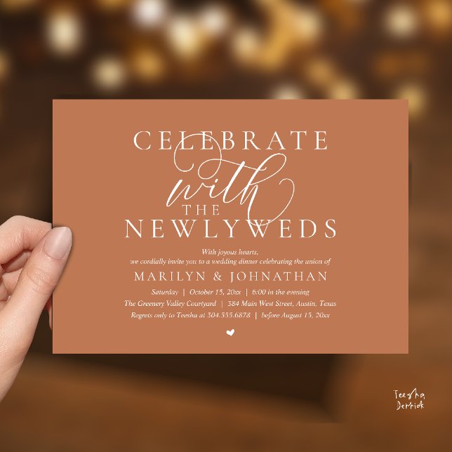 Convite Celebre com os noivos, Melhor Jantar de Casamento (Celebrate with the newlyweds, Best Modern Wedding Dinner Party Invitation Card in Copper Terracotta)