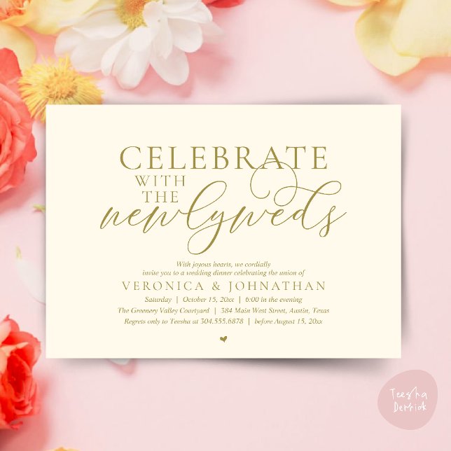 Convite Celebre com os noivos, Melhor Jantar de Casamento (Celebrate with the newlyweds, Romantic Classy Wedding Dinner Invitation Card in Yellow Gold Cream)