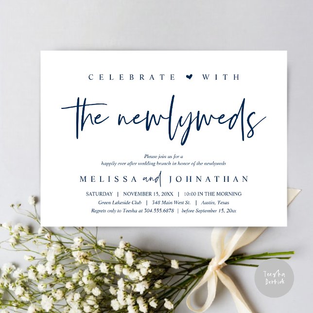 Convite Celebre com os recém-casados, Brunch de Casamento (Celebrate with the Newlyweds, Wedding Brunch Invitation Card, PDF, in modern Navy Blue)
