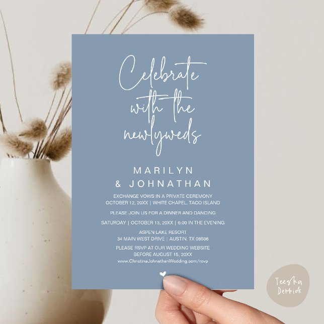 Convite Celebre Com os Recém-Casados, Jantar de Casamento (Celebrate With The Newlyweds, Wedding Invitation Card PDF Dinner Party Lunch Brunch Dusty Blue)