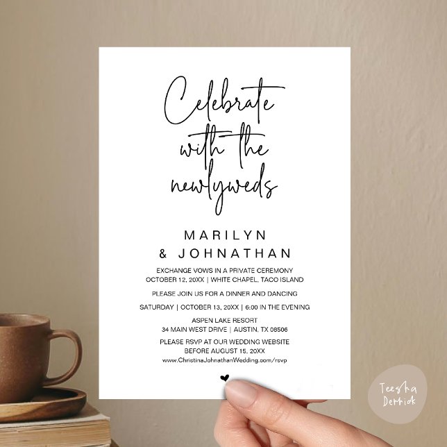 Convite Celebre Com os Recém-Casados, Jantar de Casamento (Celebrate With The Newlyweds, Wedding Invitation Card PDF Dinner Party Lunch Brunch Black White)