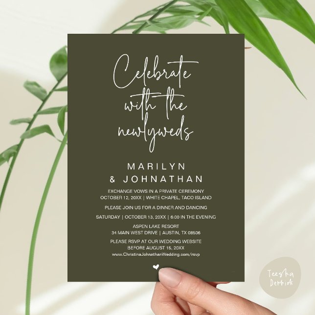 Convite Celebre Com os Recém-Casados, Jantar de Casamento (Celebrate With The Newlyweds, Wedding Invitation Card PDF Dinner Party Lunch Brunch Olive Green)