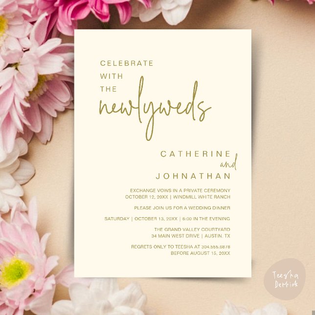 Convite Celebre Com os Recém-Casados Jantar de Casamento M (Celebrate With The Newlyweds Modern Wedding Minimalist Dinner Invitation Card in Yellow Gold Cream)