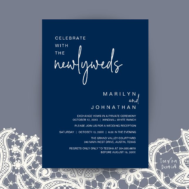 Convite Celebre Com os Recém-Casados, Recepção de Casament (Celebrate With The Newlyweds, Wedding Reception Dinner Invitation Card in Navy Blue)