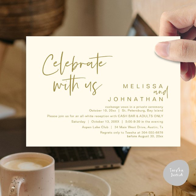 Convite Celebre conosco, Bar de recepção de casamento (Celebrate with us, Wedding Reception Dinner Cash Bar Adults Only Invitation Card PDF in Yellow Gold)