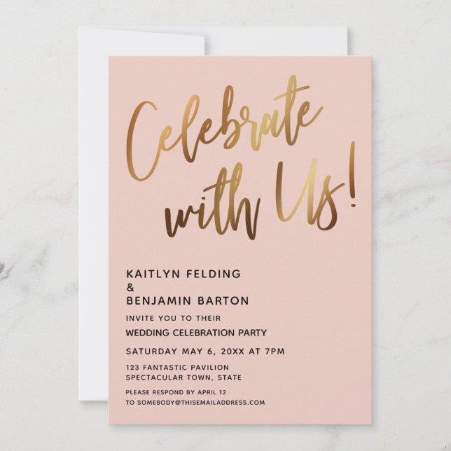Convite Celebre Conosco! Blush com Letra à Mão em Dourado  (Frente)