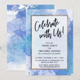 Convite Celebre Conosco Borda Dourada Abstrato Salpico Azu