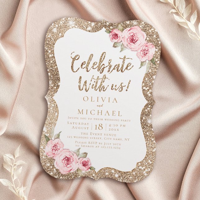 Convite Celebre Conosco! Brilho glitter e floral rosa (Celebrate With Us! Sparkle glitter and pink floral Invitation)