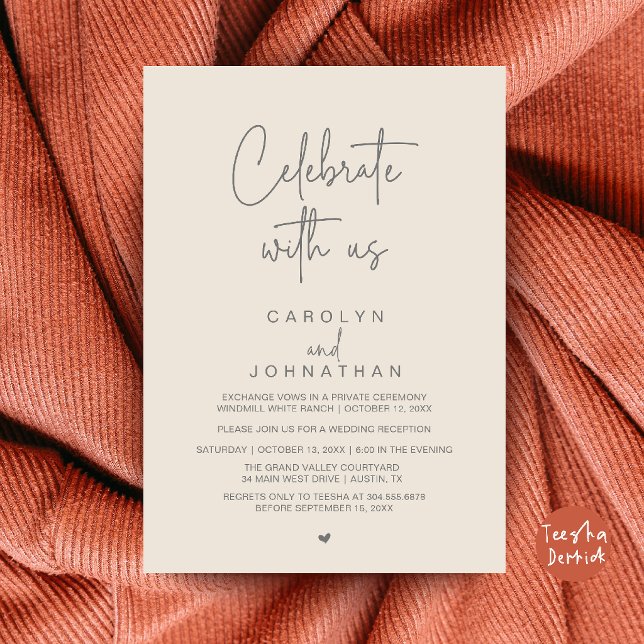 Convite Celebre conosco, Casamento Fuga Cream Grey (Celebrate with us, Wedding Elopement Reception Dinner Invitation Card Cream and Grey)
