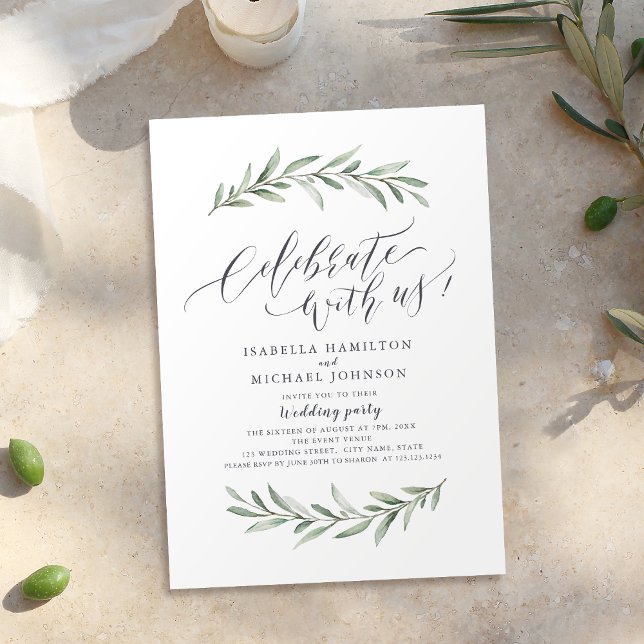 Convite Celebre Conosco! Casamento simples russo-verde (Celebrate With Us! Simple Rustic Greenery Wedding Invitation)