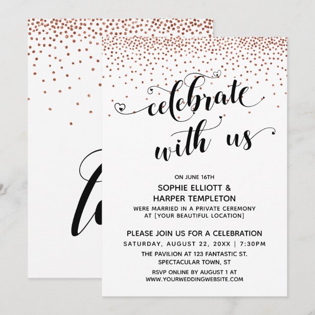 Convite Celebre Conosco Corações Script Confetes de Cobre (Frente/Verso)