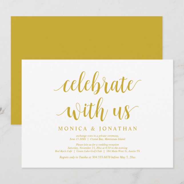 Convite Celebre conosco, Dourado Amarelo, Casamento Intimo (Frente/Verso)