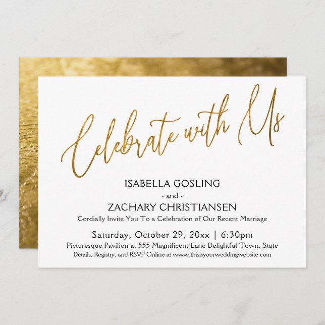 Convite Celebre Conosco Festa com Letra Elegante em Dourad (Frente/Verso)