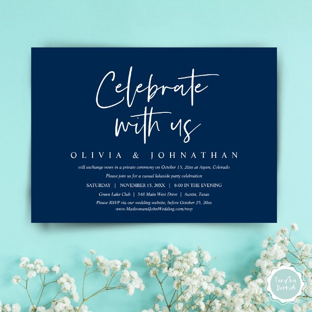 Convite Celebre conosco, Festa de Casamento Informal e Int (Celebrate with us, Wedding Elopement Invitation Dinner, Lunch, Brunch Party, Card, PDF, Navy Blue)
