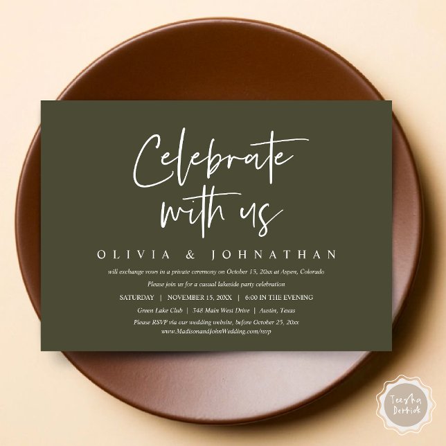 Convite Celebre conosco, Festa de Casamento Informal e Int (Celebrate With Us, Wedding Elopement Brunch, Lunch, Dinner Party Invitation Card, PDF, Olive Green)