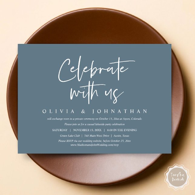 Convite Celebre conosco, Festa de Casamento Informal e Int (Celebrate With Us, Wedding Elopement Brunch, Lunch, Dinner Party Invitation Card, PDF, Dusty Blue)
