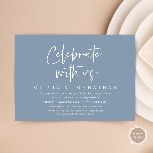 Convite Celebre conosco, Festa de Casamento Informal e Int (Celebrate With Us, Wedding Elopement Brunch, Lunch, Dinner Party Invitation Card, PDF, Dusty Blue)
